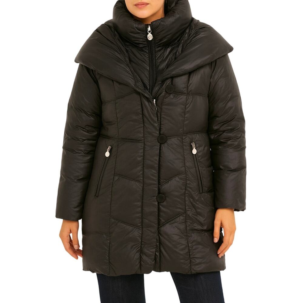 TAHARI Down Puffer Jacket Shawl Collar Layered Quilted Winter Long Coat Parka